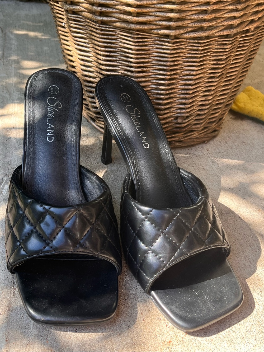 ShoeLAND Black Quilted High Heel Slide Mules